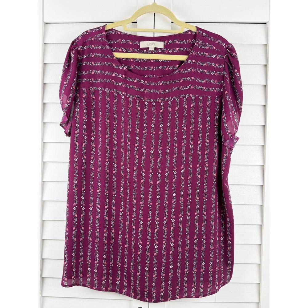 LOFT Blouse Womens XXL Purple Floral Stripe Flutter Sleeve Pleated Back